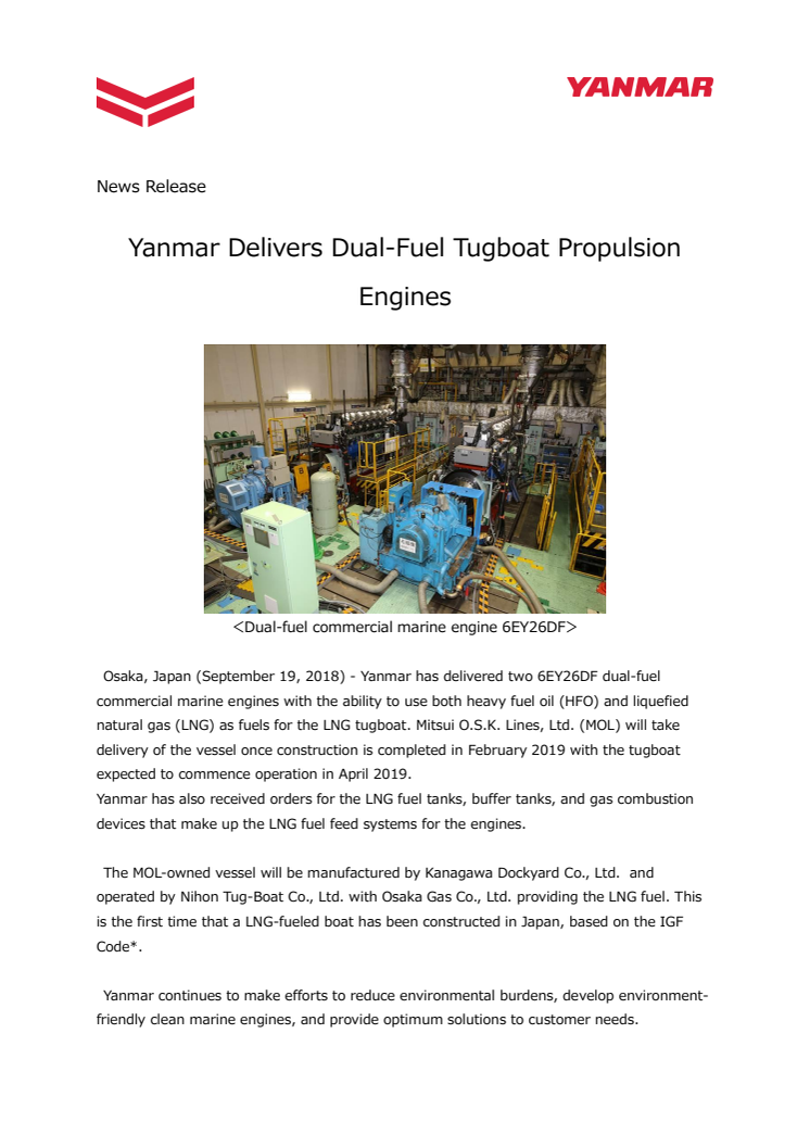 Yanmar Delivers Dual-Fuel Tugboat Propulsion Engines