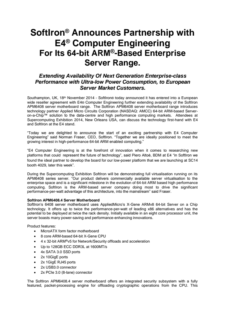 SoftIron® Announces Partnership with E4® Computer Engineering  For Its 64-bit ARM®-Based Enterprise Server Range.