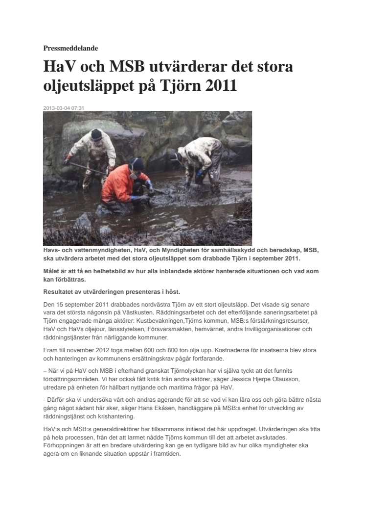 HaV och MSB utvärderar det stora oljeutsläppet på Tjörn 2011