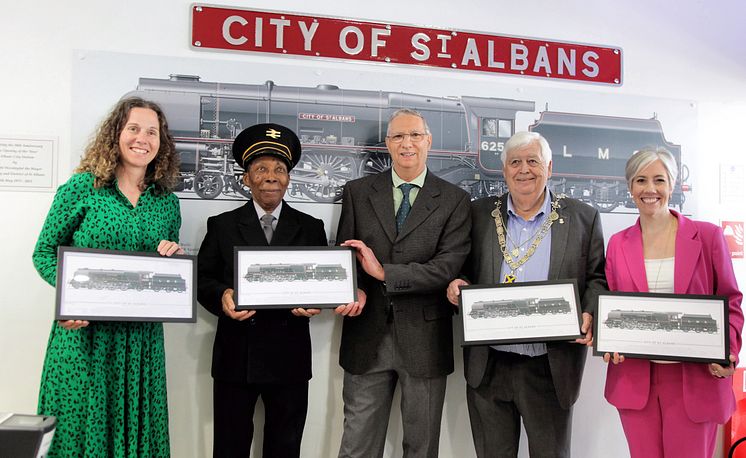 From left: Kate Cohen, St Albans BID destination manager, Siggy Cragwell, Richard Green, mayor of St Albans, Councillor Geoff Harrison, and MP Daisy Cooper present the miniature murals