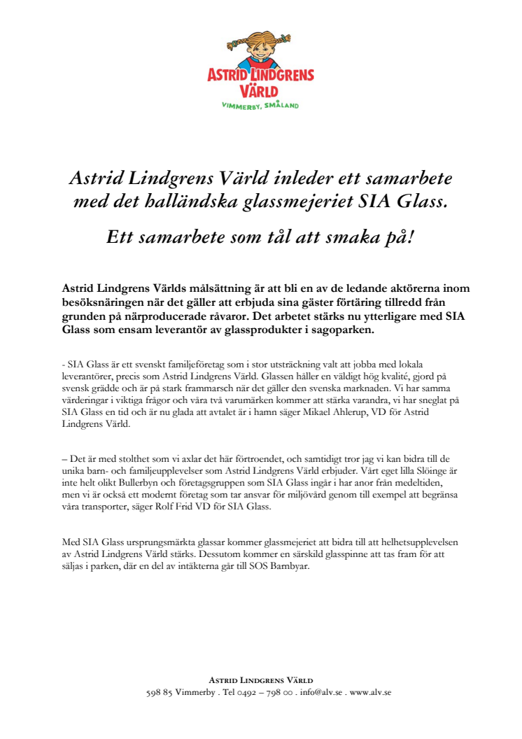 Astrid Lindgrens Värld inleder ett samarbete med det halländska glassmejeriet SIA Glass.