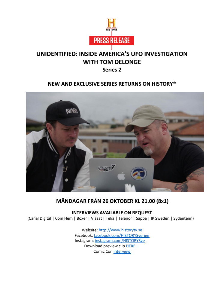 PRESS RELEASE | UNIDENTIFIED: INSIDE AMERICA’S UFO INVESTIGATION WITH TOM DELONGE RETURNS ON HISTORY®