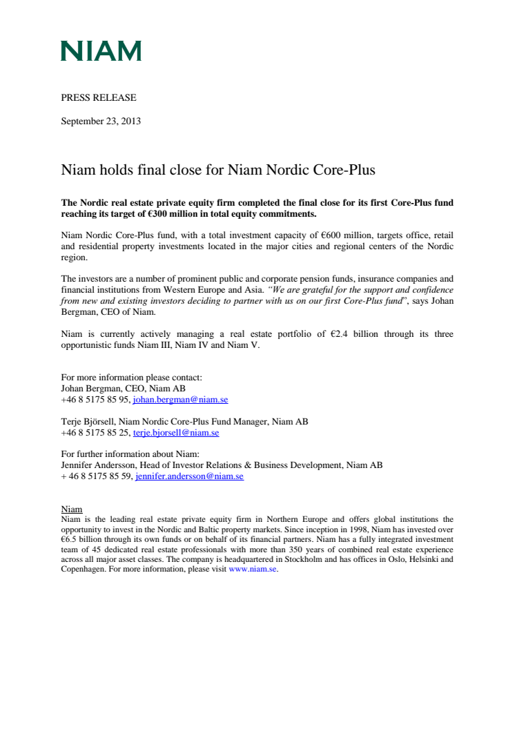 Niam holds final close for Niam Nordic Core-Plus