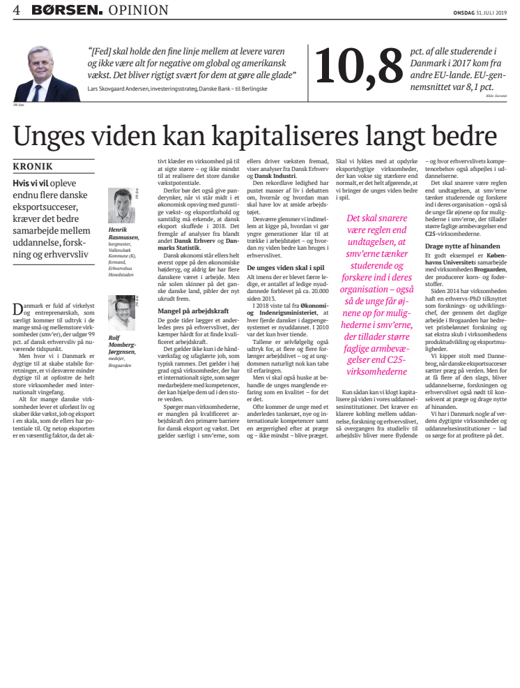Børsen 31. juli 2019: Kronik om fordelene ved bredere samarbejde mellem SMV'ere og udd.sektoren