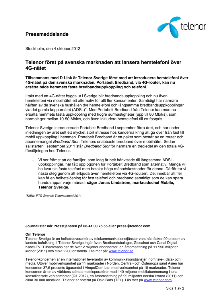 Telenor först på svenska marknaden att lansera hemtelefoni över 4G-nätet