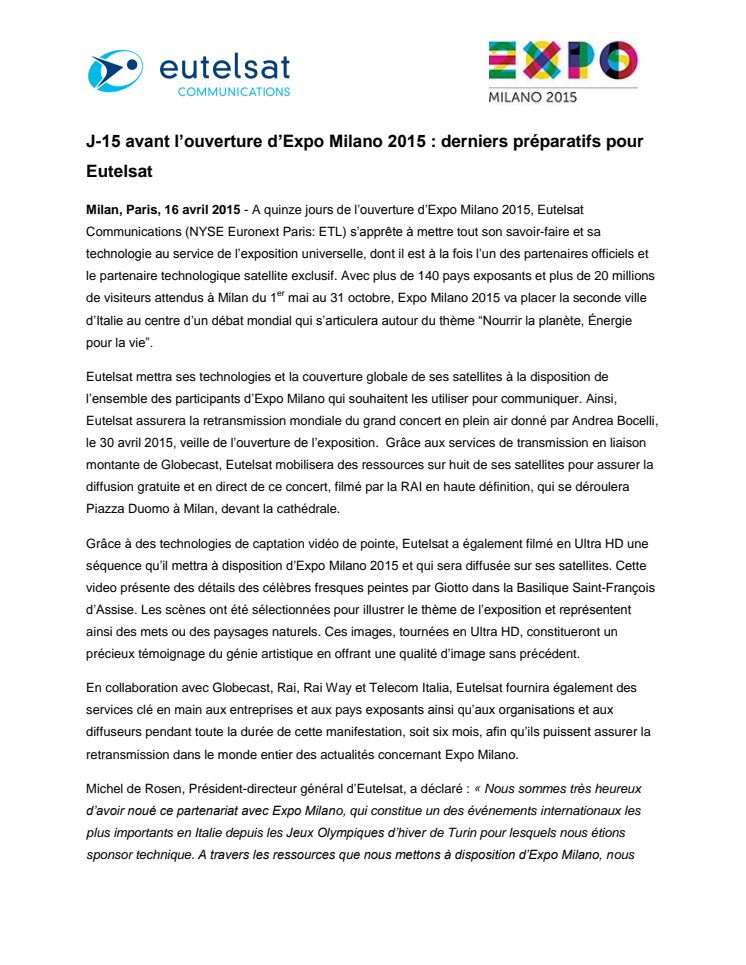 J-15 avant l’ouverture d’Expo Milano 2015 : derniers préparatifs pour Eutelsat 