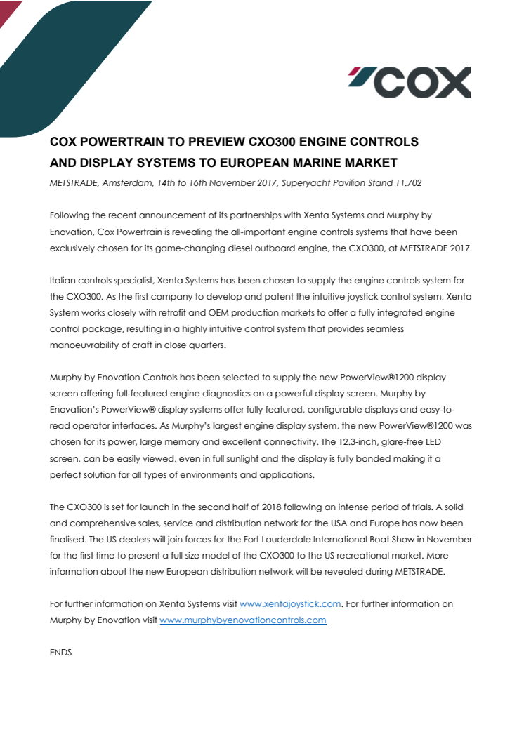 Cox Powertrain - METSTRADE: Cox Powertrain to Preview CXO300 Engine Controls and Display Systems to European Market