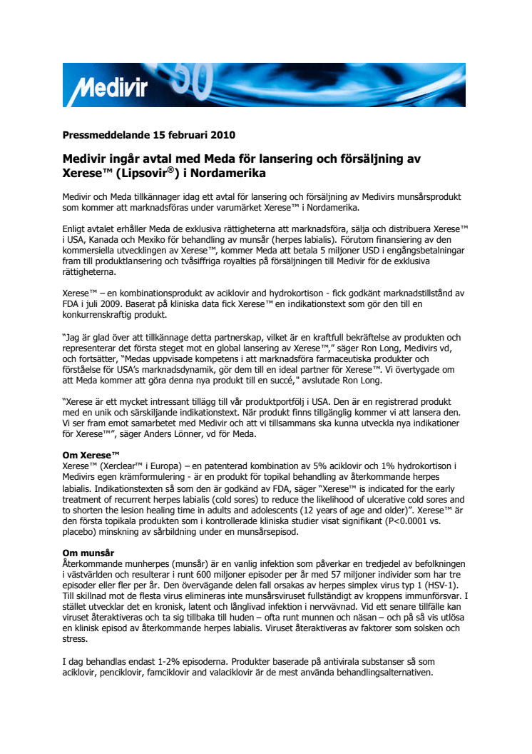 Medivir ingår avtal med Meda för lansering och försäljning av Xerese™ i Nordamerika