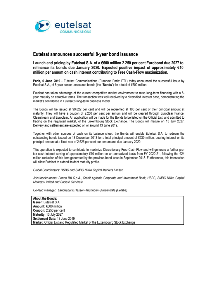 Eutelsat announces successful 8-year bond issuance