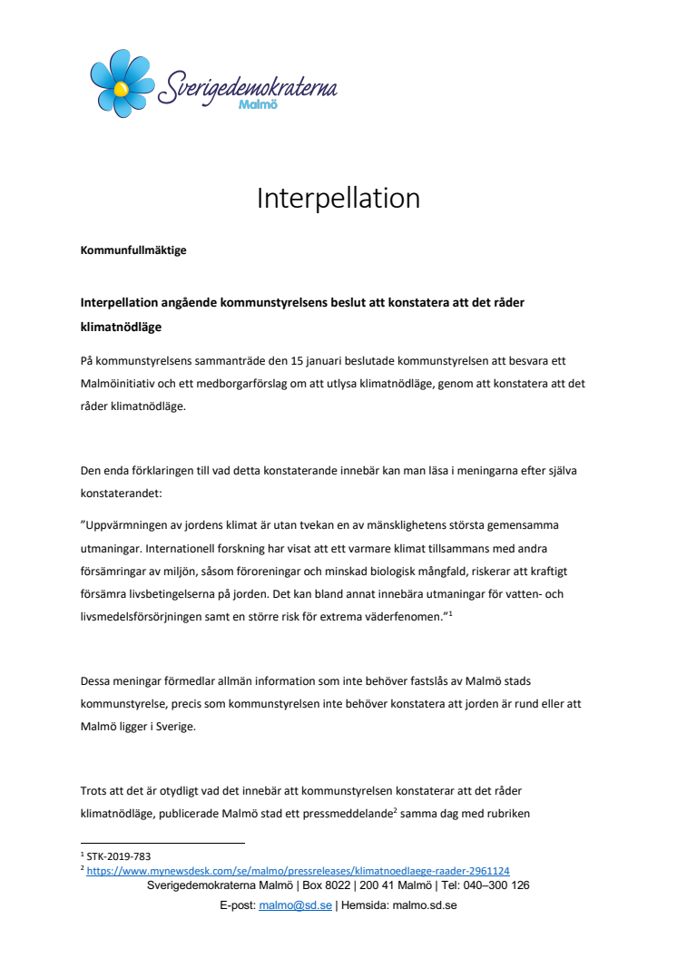 Interpellation om Malmö stads klimatnödläge