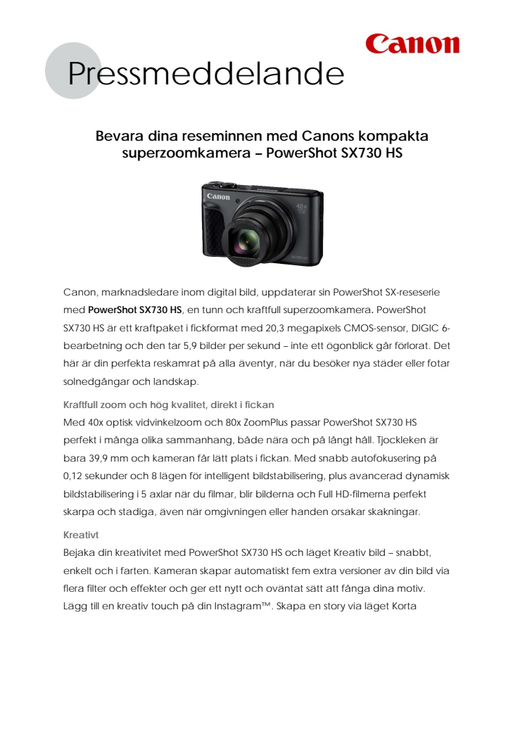 Bevara dina reseminnen med Canons kompakta superzoomkamera – PowerShot SX730 HS
