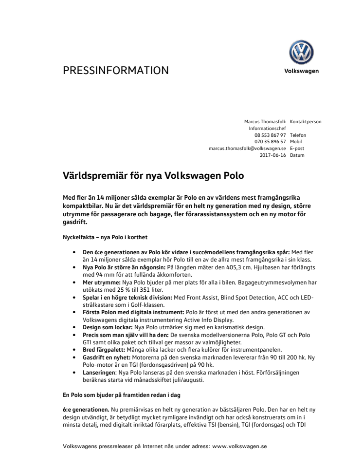 Världspremiär för nya Volkswagen Polo