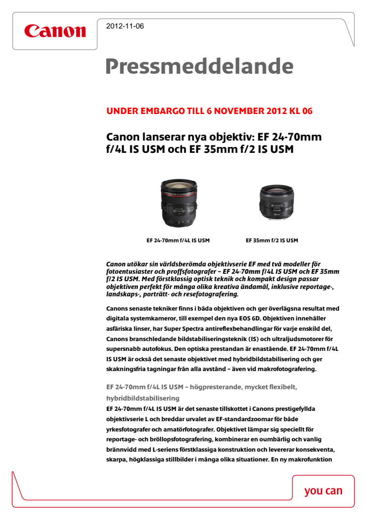 Canon lanserar nya objektiv: EF 24-70mm f/4L IS USM och EF 35mm f/2 IS USM