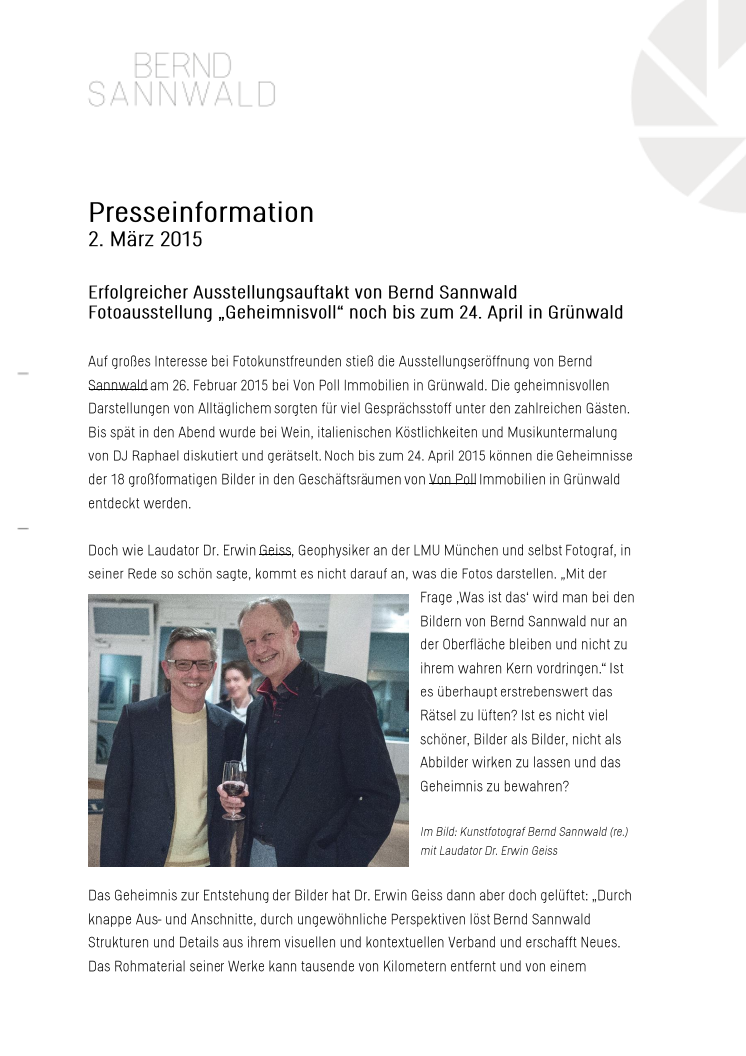 Erfolgreicher Ausstellungsauftakt von Bernd Sannwald in Grünwald