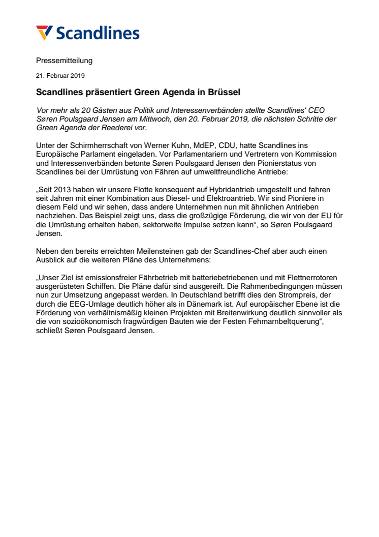 Scandlines präsentiert Green Agenda in Brüssel