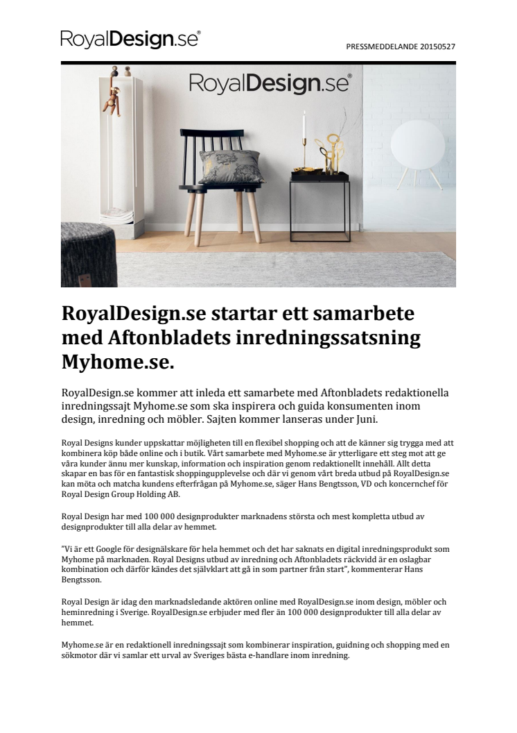 RoyalDesign.se startar ett samarbete med Aftonbladets inredningssatsning Myhome.se