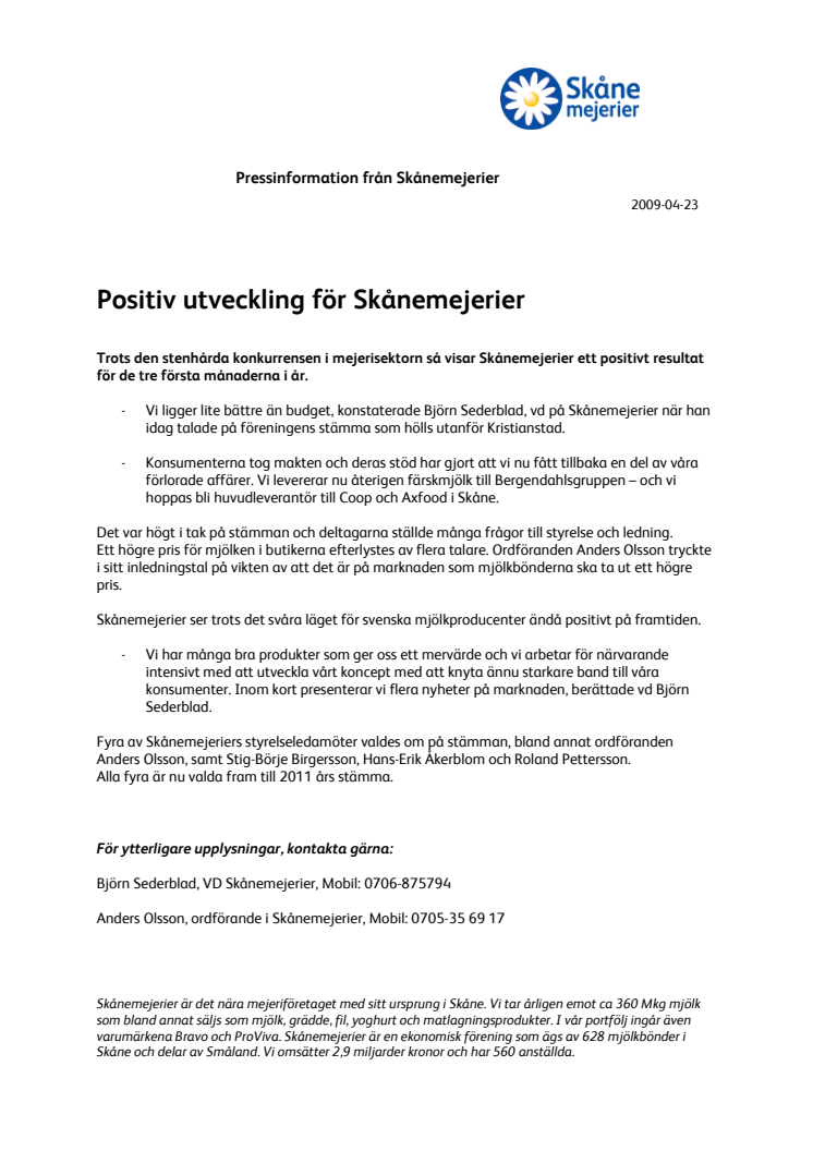 Positiv utveckling för Skånemejerier 