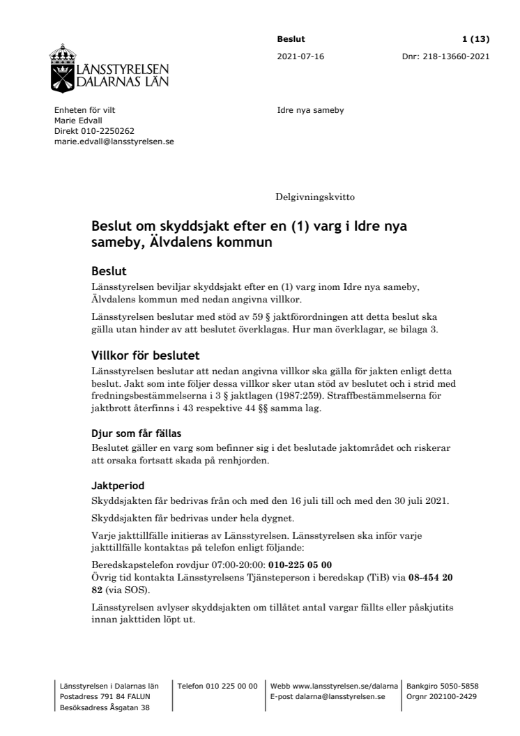 Beslut om skyddsjakt efter en (1) varg i Idre nya sameby.pdf