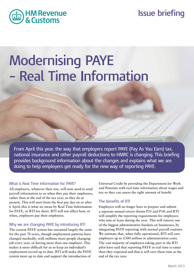 HMRC Briefing - Modernising PAYE Real Time Information