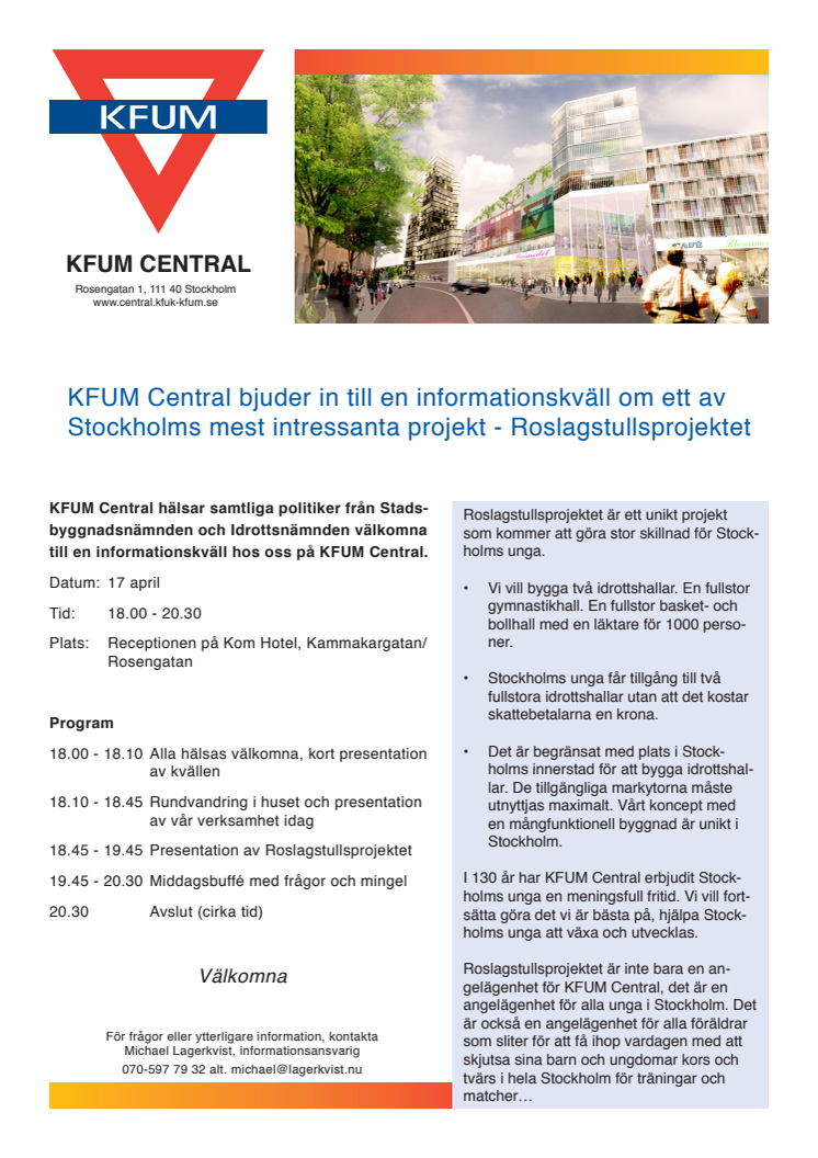 KFUM Central bjuder in till en informationskväll om ett av Stockholms mest intressanta projekt - Roslagstullsprojektet