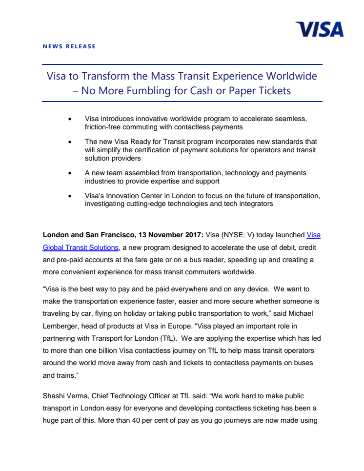 Visa to Transform the Mass Transit Experience Worldwide - 13 November
