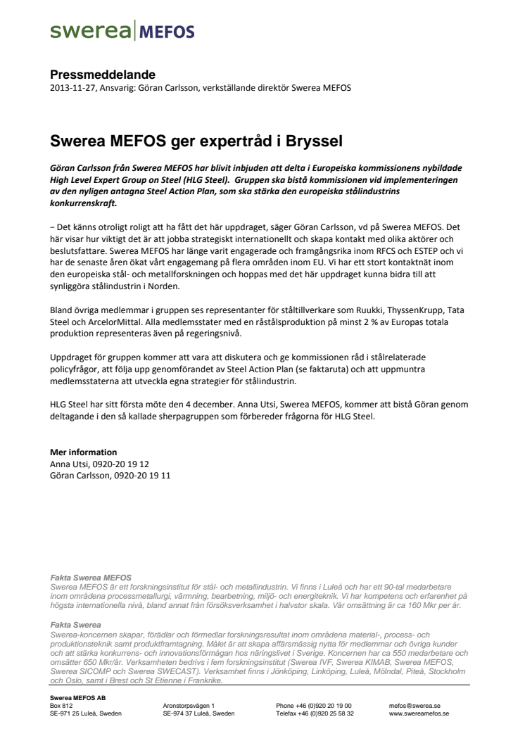 Swerea MEFOS ger expertråd i Bryssel