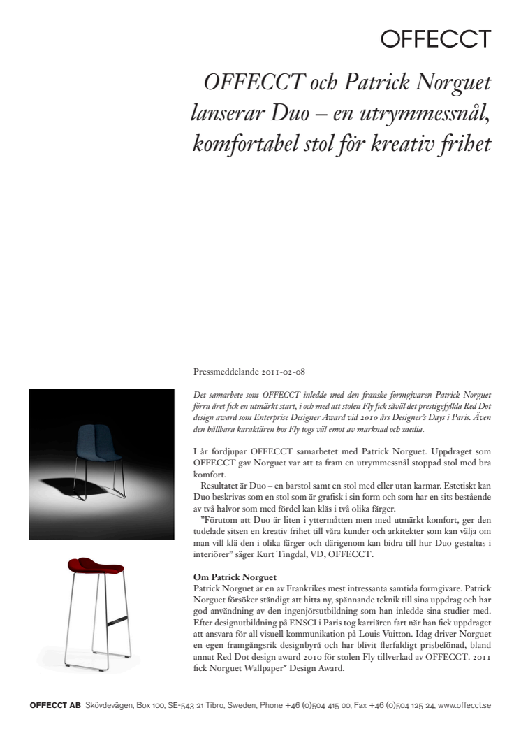 OFFECCT och Patrick Norguet lanserar Duo – en utrymmessnål, komfortabel stol för kreativ frihet