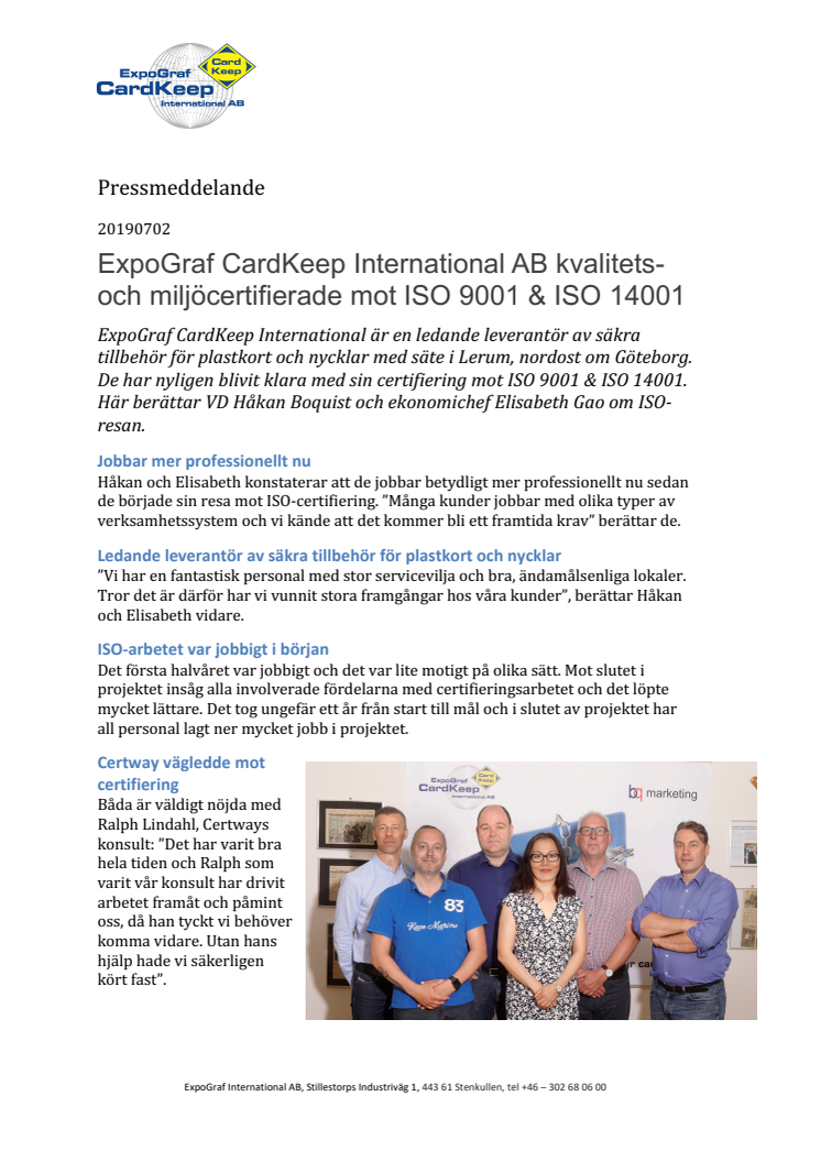 ExpoGraf CardKeep International AB kvalitets- och miljöcertifierade mot ISO 9001 & ISO 14001