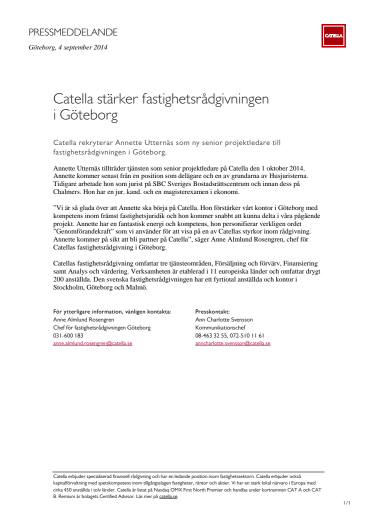 Catella stärker fastighetsrådgivningen i Göteborg