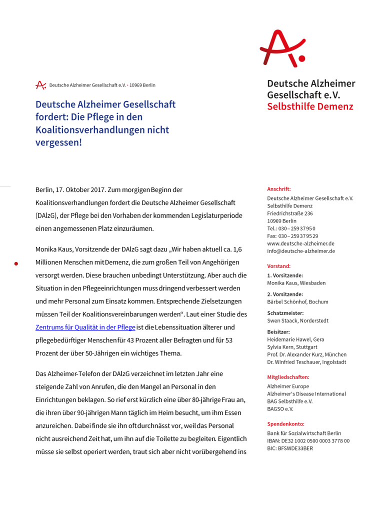 Deutsche Alzheimer Gesellschaft fordert: Die Pflege in den Koalitionsverhandlungen nicht vergessen!