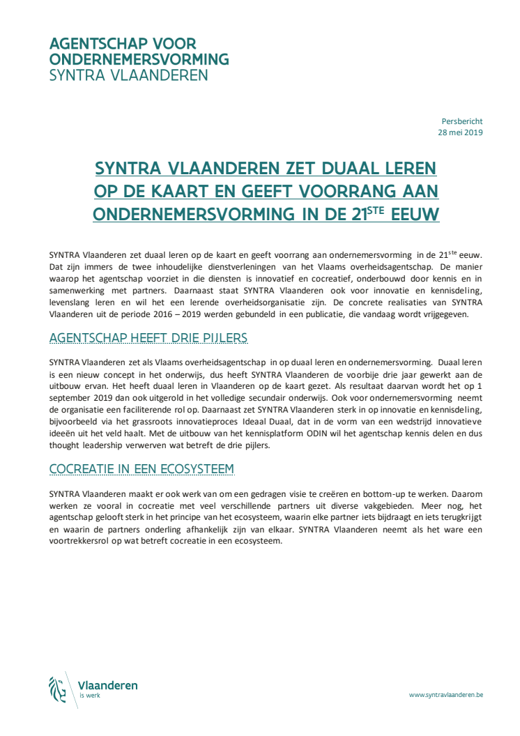 SYNTRA Vlaanderen zet duaal leren op de kaart en geeft voorrang aan ondernemersvorming in de 21ste eeuw