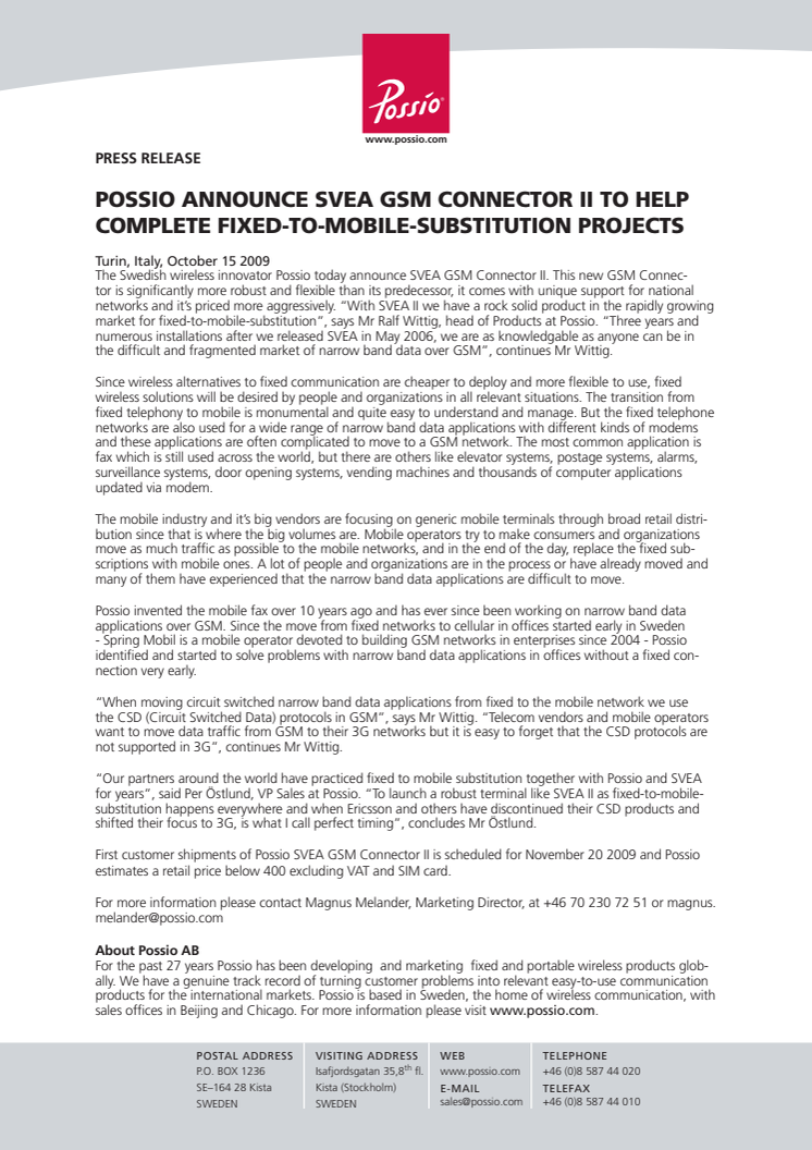 POSSIO ANNOUNCE SVEA GSM CONNECTOR II TO HELP COMPLETE FIXED-TO-MOBILE-SUBSTITUTION PROJECTS