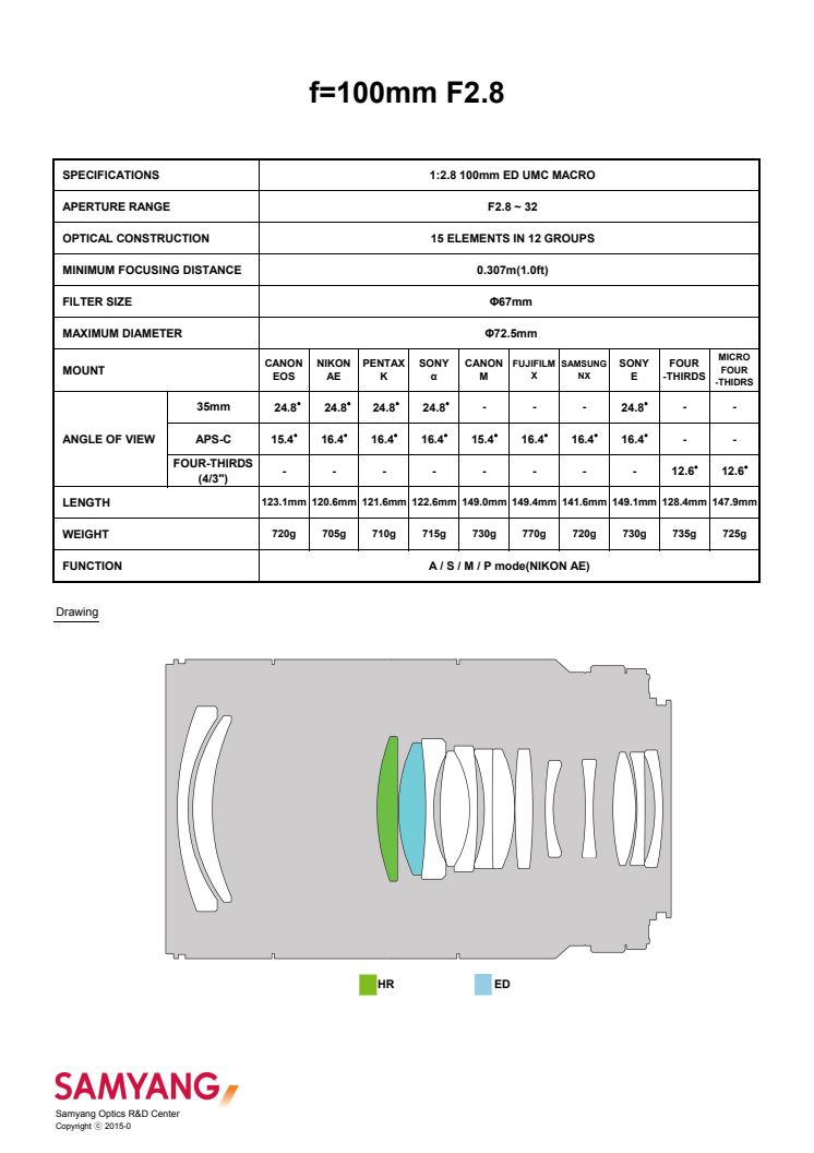 Samyang 100mm F2,8 Macro, specifikationer