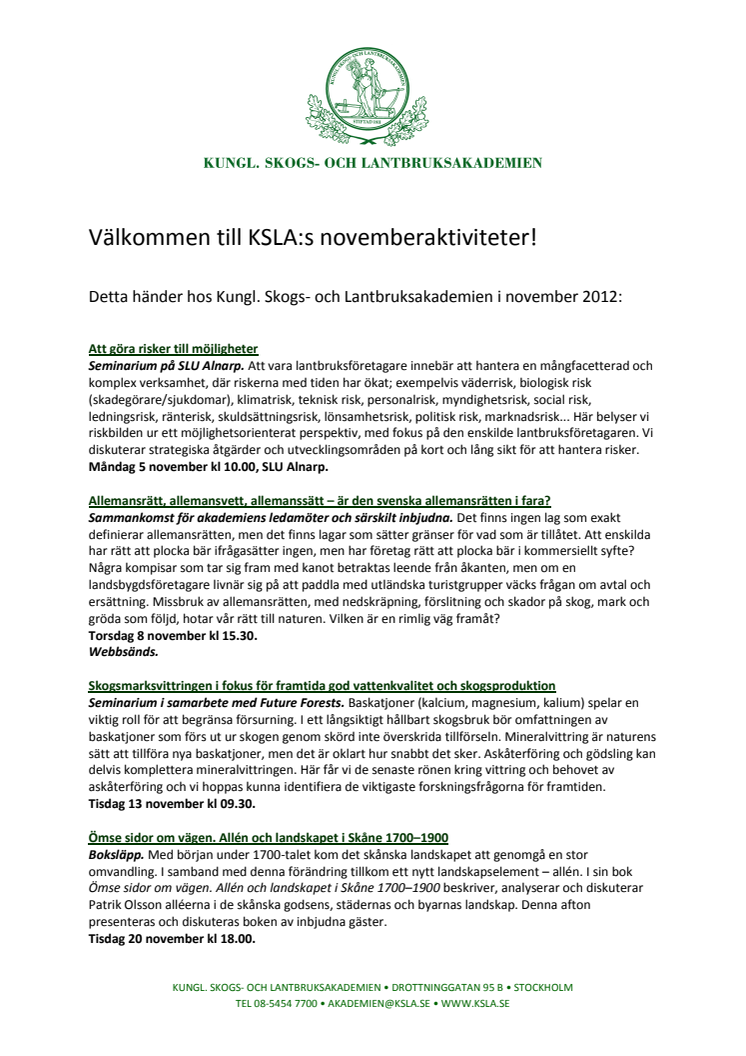 Välkommen till KSLA:s novemberaktiviteter!