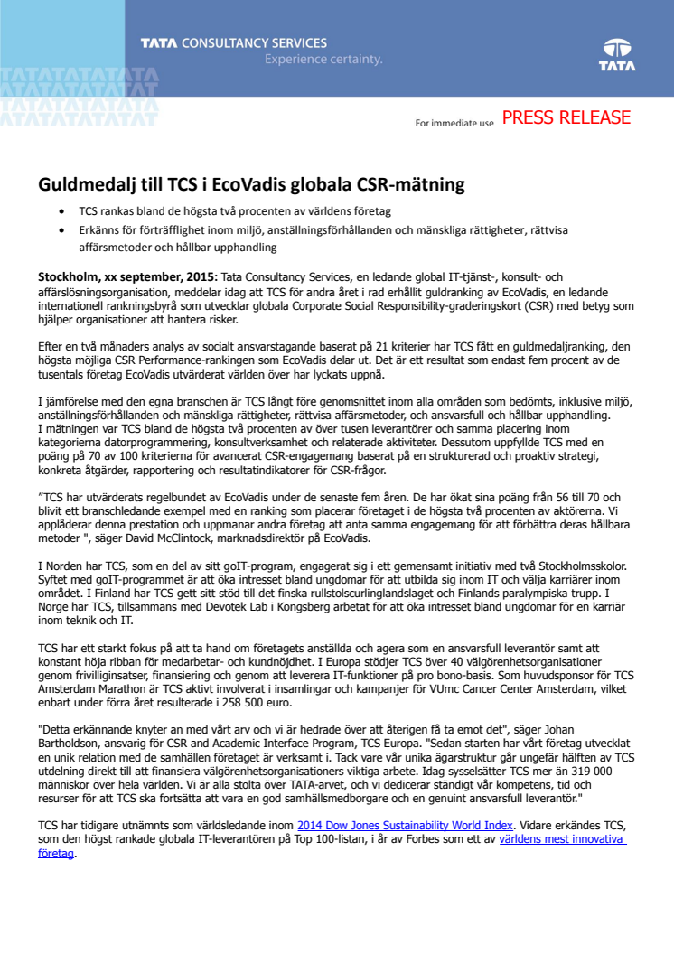 Guldmedalj till TCS i EcoVadis globala CSR-mätning