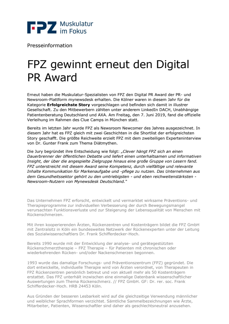 FPZ gewinnt erneut den Digital PR Award