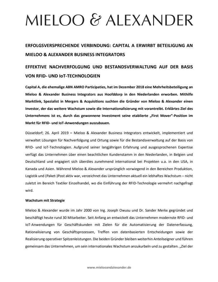 ERFOLGSVERSPRECHENDE VERBINDUNG: CAPITAL A ERWIRBT BETEILIGUNG AN MIELOO & ALEXANDER BUSINESS INTEGRATORS