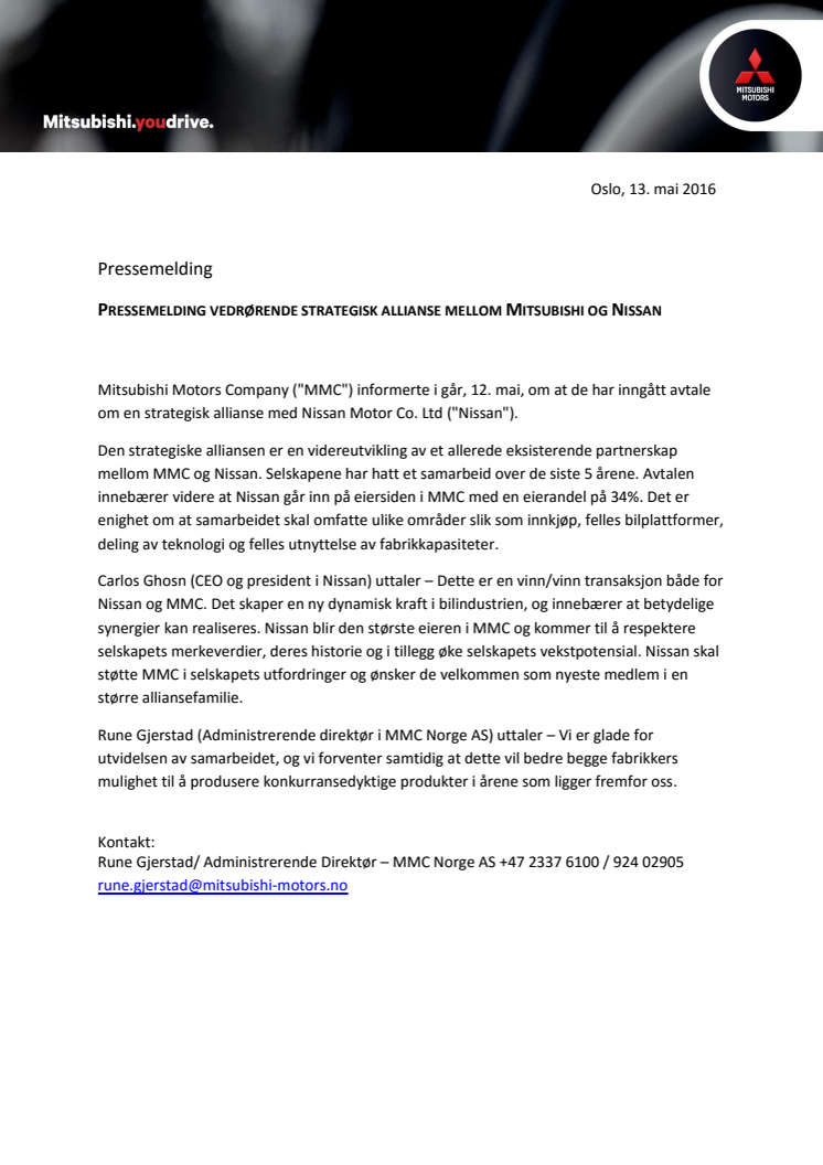 Vedrørende strategisk allianse mellom Mitsubishi og Nissan