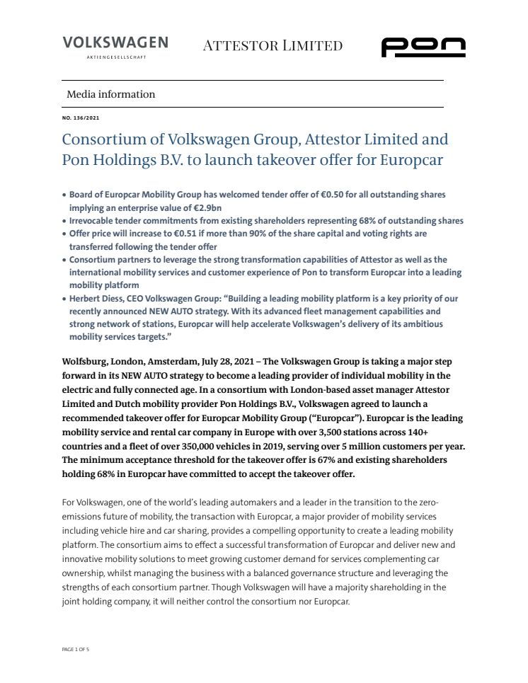Ett konsortium med Volkswagen Group, Attestor Limited och Pon Holdings B.V. presenterar ett uppköpserbjudande för Europcar Mobility Group.pdf