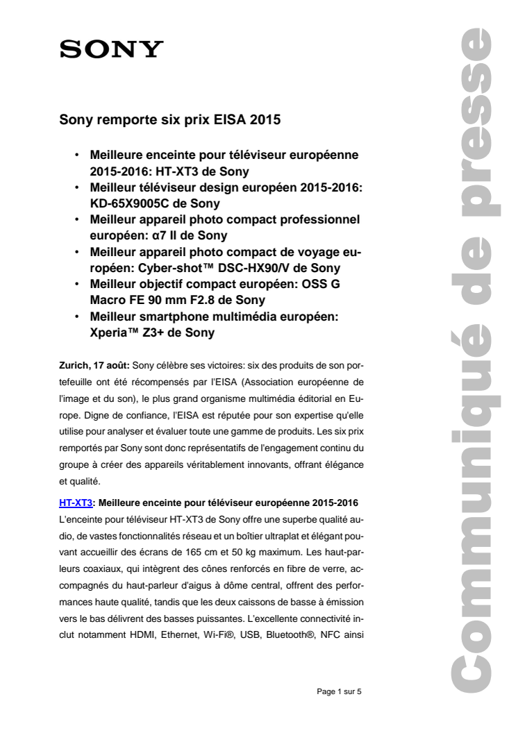 Sony remporte six prix EISA 2015