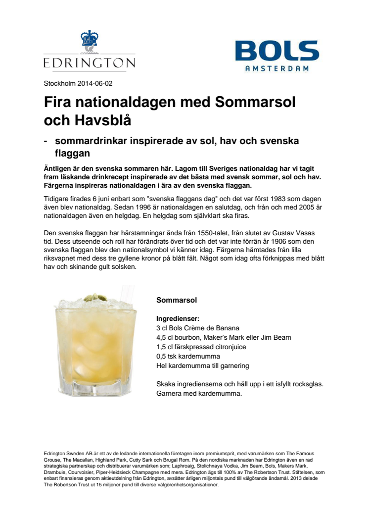 Fira nationaldagen med Sommarsol och Havsblå- sommardrinkar inspirerade av sol, hav och svenska flaggan