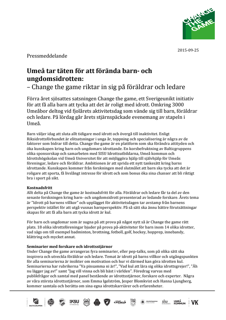 Umeå tar täten för att förända barn- och ungdomsidrotten: Change the game riktar in sig på föräldrar och ledare