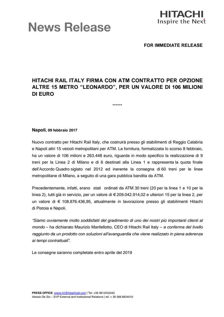 Hitachi Rail Italy firma con Atm contratto per opzione altre 15 Metro “Leonardo”, per un valore di 106 milioni di euro