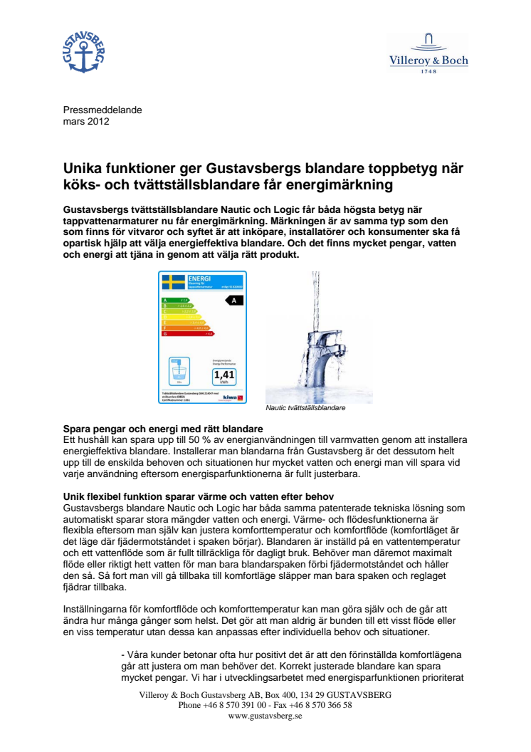 Unika funktioner ger Gustavsbergs blandare toppbetyg när köks- och tvättställsblandare får energimärkning