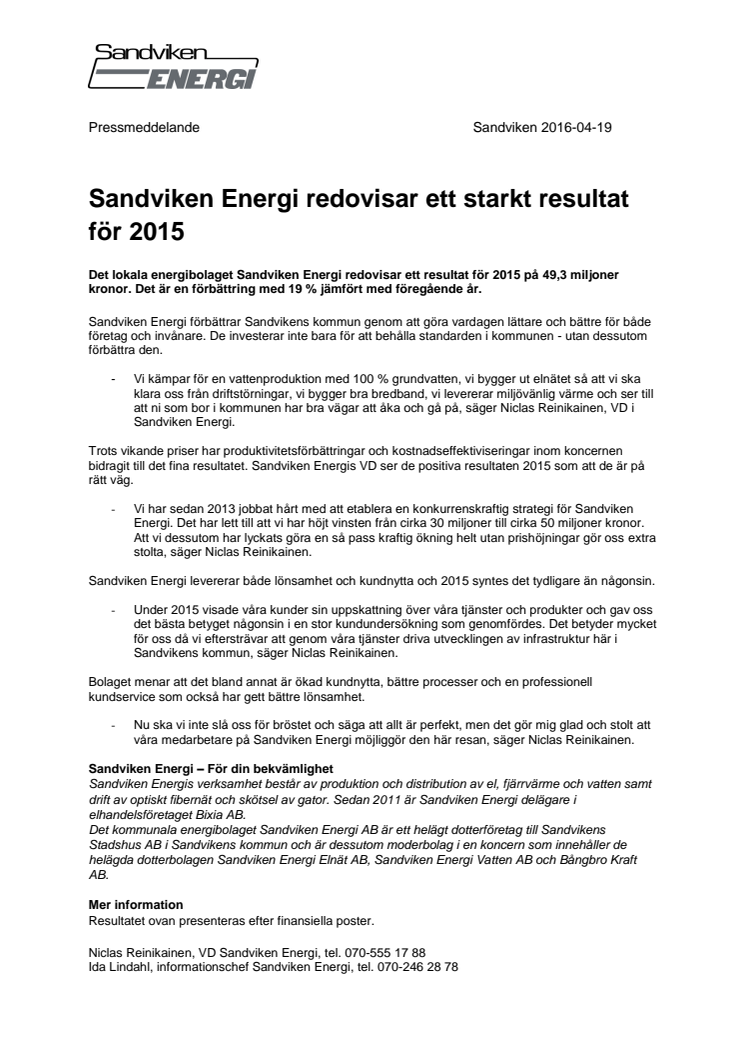 Sandviken Energi redovisar ett starkt resultat för 2015