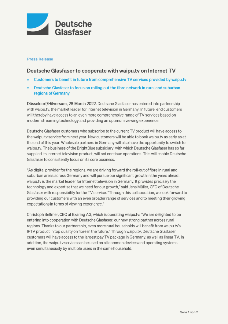 Press Release: Deutsche Glasfaser to cooperate with waipu.tv on Internet TV