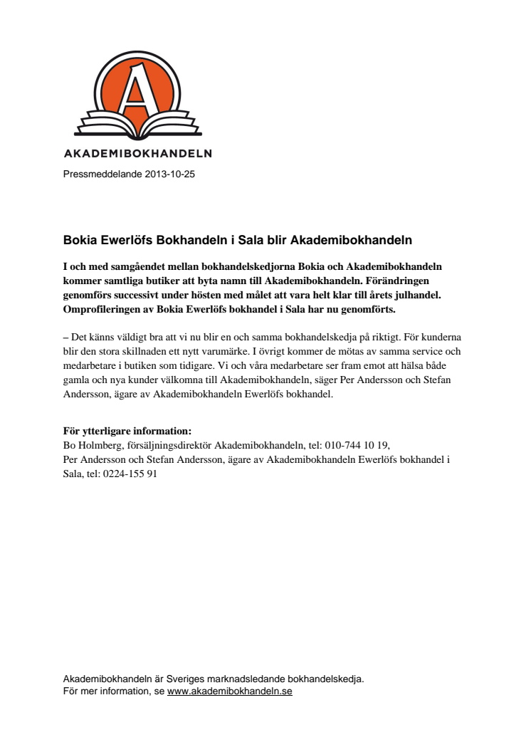 Bokia Ewerlöfs Bokhandeln i Sala blir Akademibokhandeln 