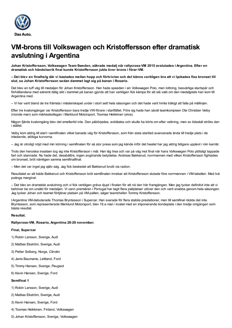 VM-brons till Volkswagen och Kristoffersson efter dramatisk avslutning i Argentina