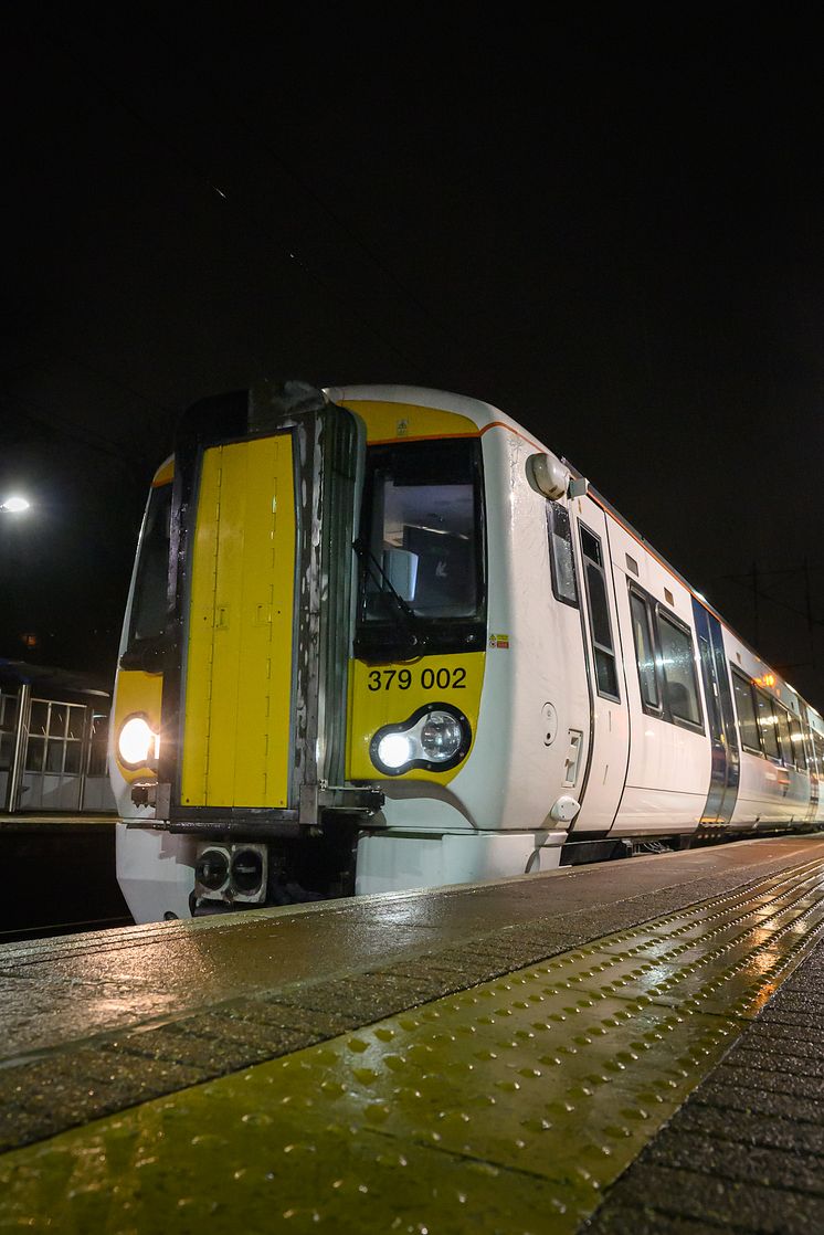 Class 379002 and 022 at Letchworth Garden City on its inaugral passenger service with Great Northern at 10 Feb 2025.jpeg