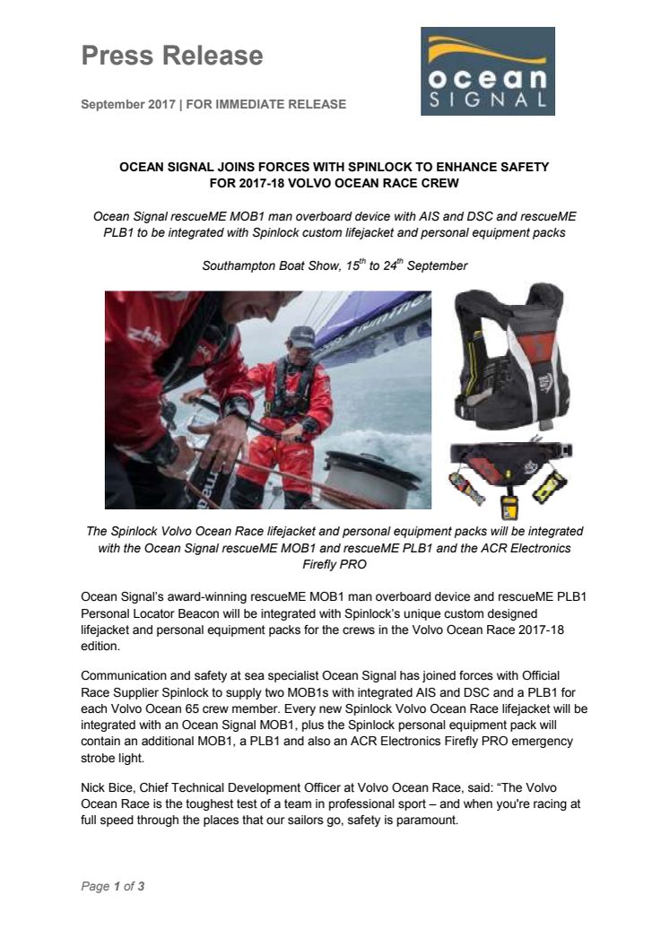 Ocean Signal Joins Forces with Spinlock to Enhance Safety  for 2017-18 Volvo Ocean Race Crew